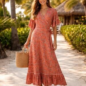 M.A.B.E SZ L Tiered Floral Maxi Wrap Dress Metallic Throughout Orange Blue Gold